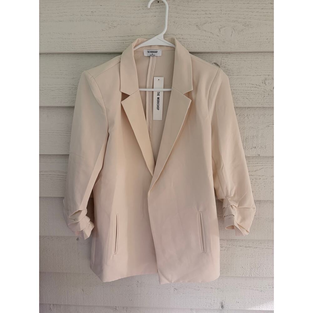 The Workshop Cream Open Front Blazer Ruched Sleeve Jacket Women's S/M - Picture 2 of 8